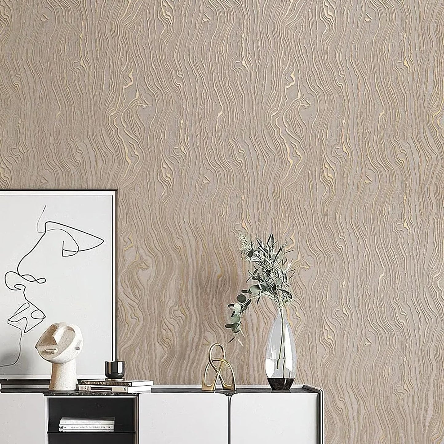Gold Wood Peel and Stick Wallpaper Stripe Khaki Removable Wallpaper Self Adhesive 3D Contact Paper Wallpaper Vinyl Modern Wallpaper for Bathroom Bedroom 118"x20.8"