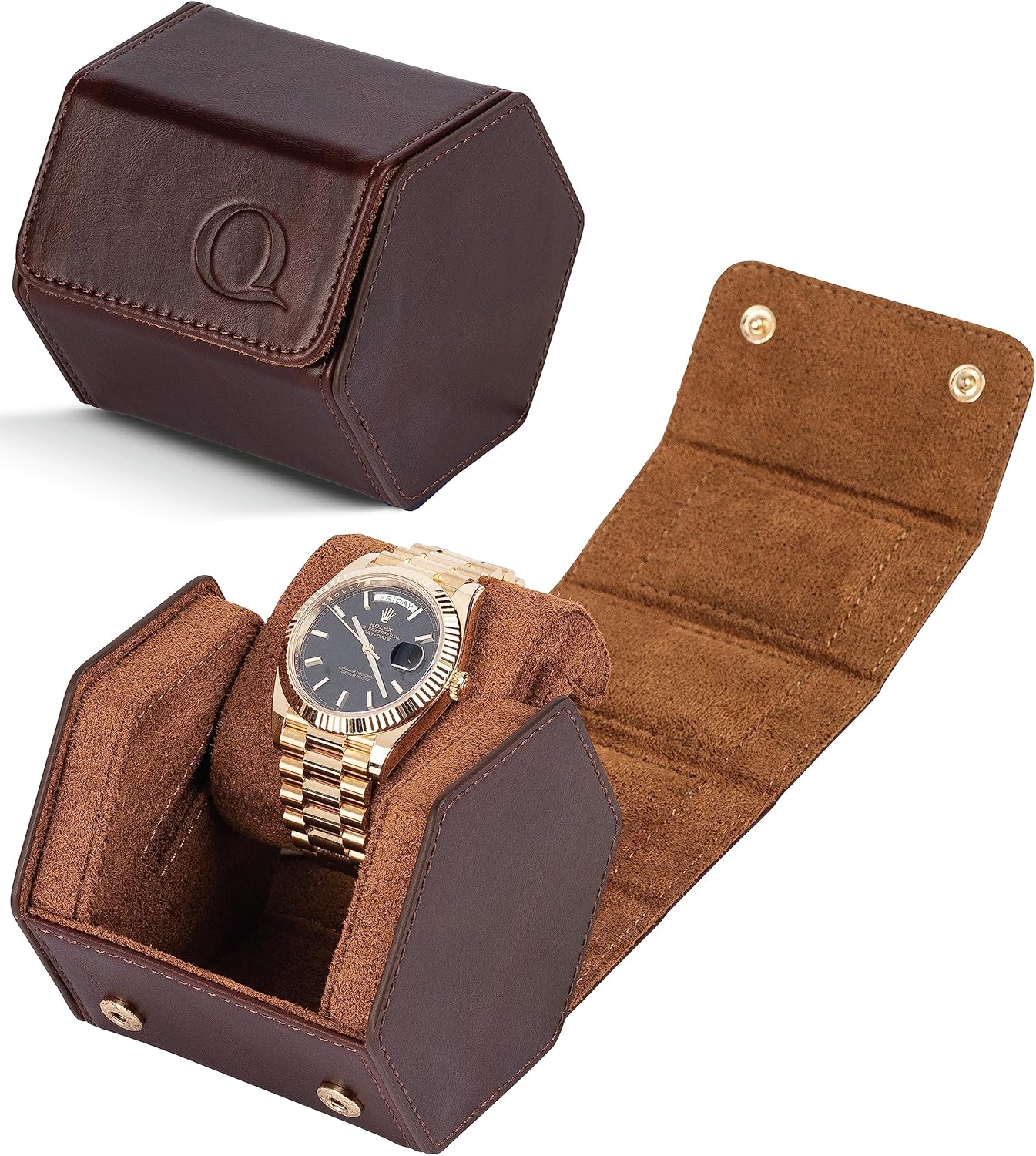 QWATCHBANDS Napa Leather Watch Case for Men - Watch Roll Storage Organizer & Watch Display - Six Slot Luxury Watch Box for Home or Travel - Mens 6 Watch Holder Case (Blue Orange)