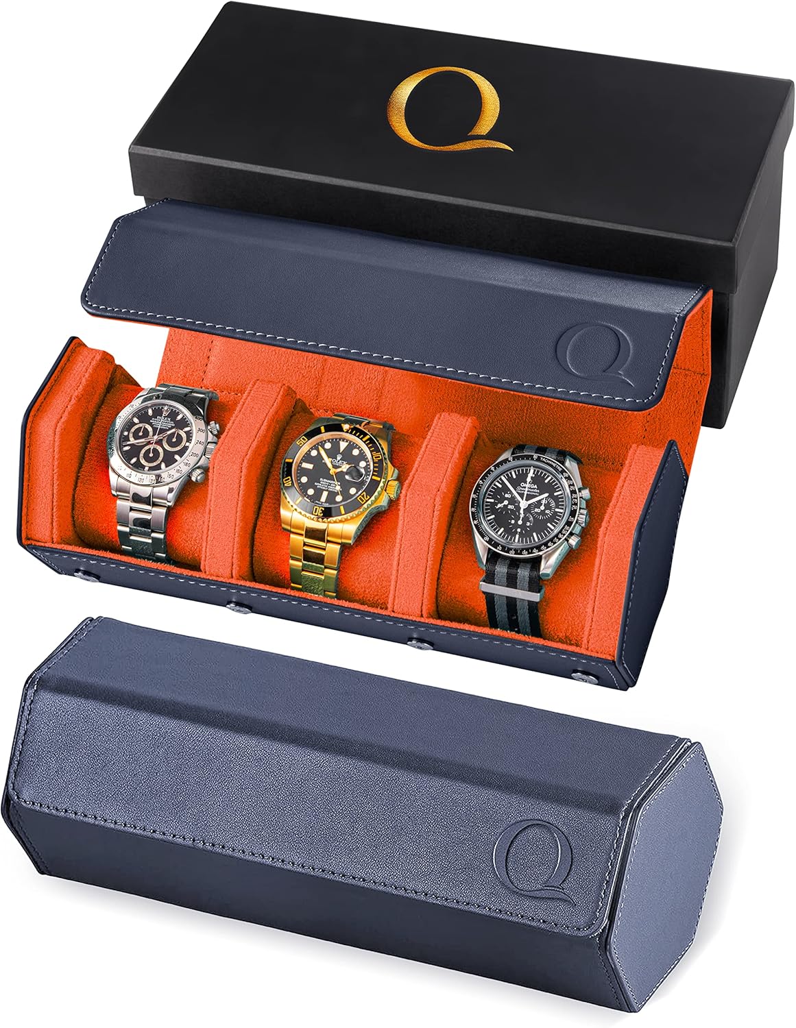 QWATCHBANDS Napa Leather Watch Case for Men - Watch Roll Storage Organizer & Watch Display - Six Slot Luxury Watch Box for Home or Travel - Mens 6 Watch Holder Case (Blue Orange)