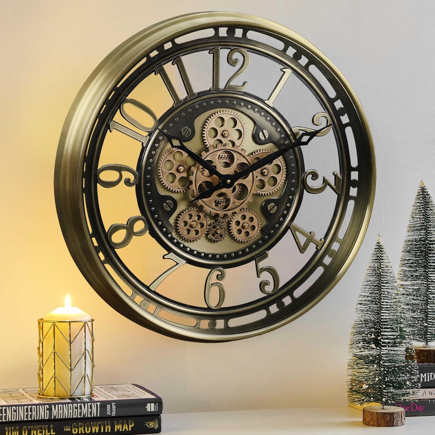 CLXEAST 28 Inch Oversized Large Moving Gear Wall Clock for Living Room Decor,Modern Farmhouse Decorative Wall Clocks Battery Operated,Rose Gold,House Warming Gifts New Home