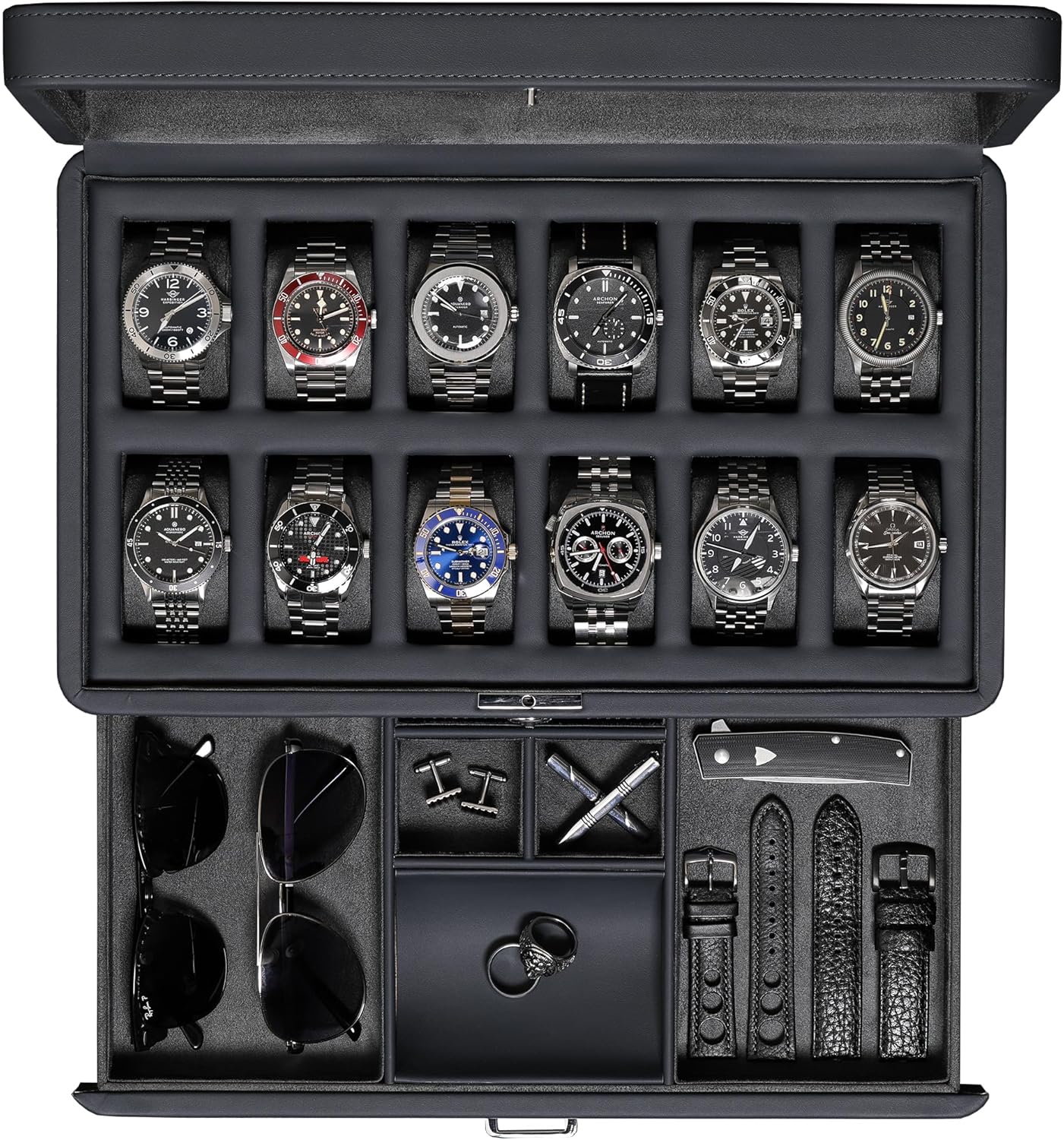 ROTHWELL Luxury Watch Box for 12 Watches – PU Leather Watch Box with Real Glass Lid – Slide out Accessory Drawer with Multiple Compartments (Carbon)
