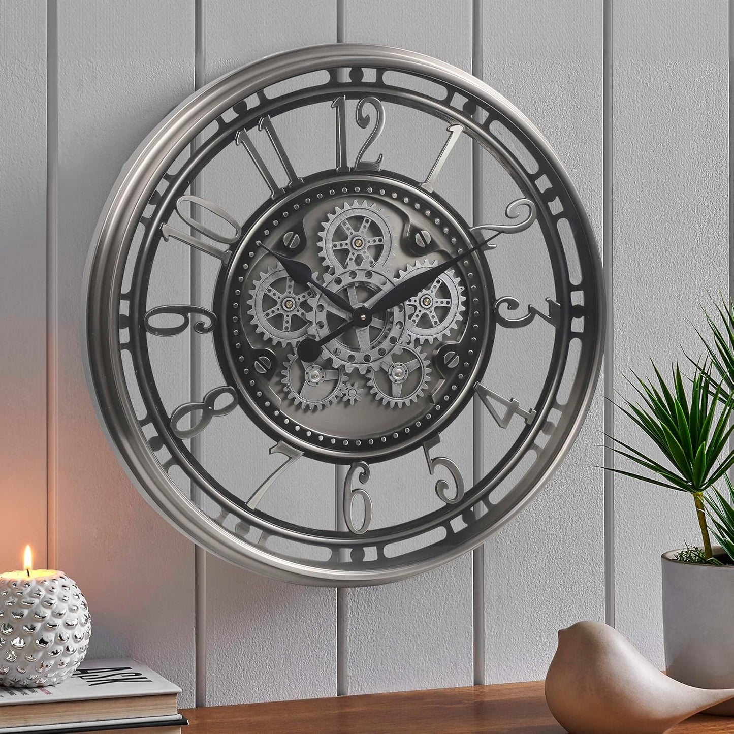 CLXEAST 28 Inch Oversized Large Moving Gear Wall Clock for Living Room Decor,Modern Farmhouse Decorative Wall Clocks Battery Operated,Rose Gold,House Warming Gifts New Home