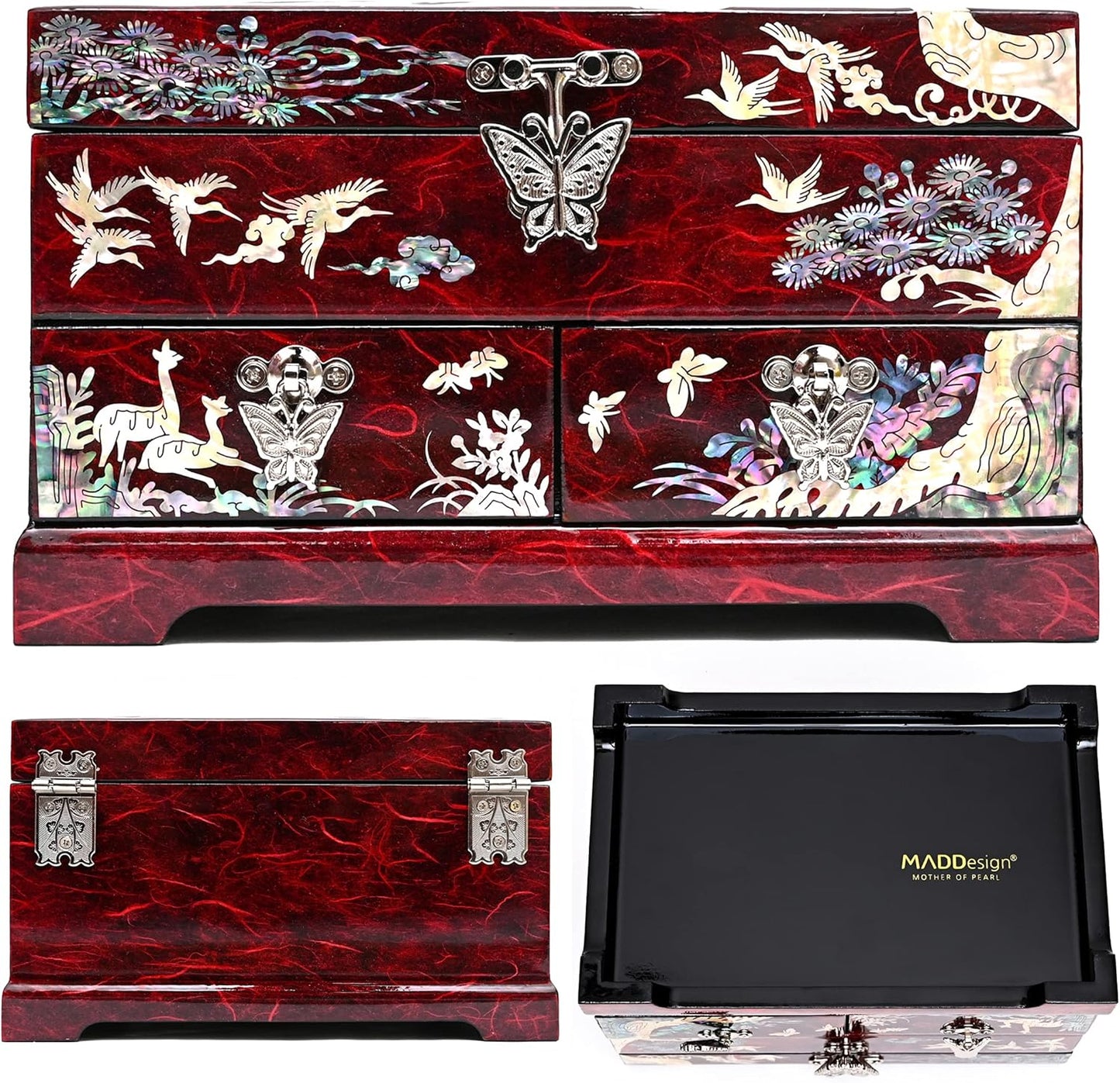 MADDesign Mother of Pearl Lacquered Jewelry Box Two Level Cranes (Red)