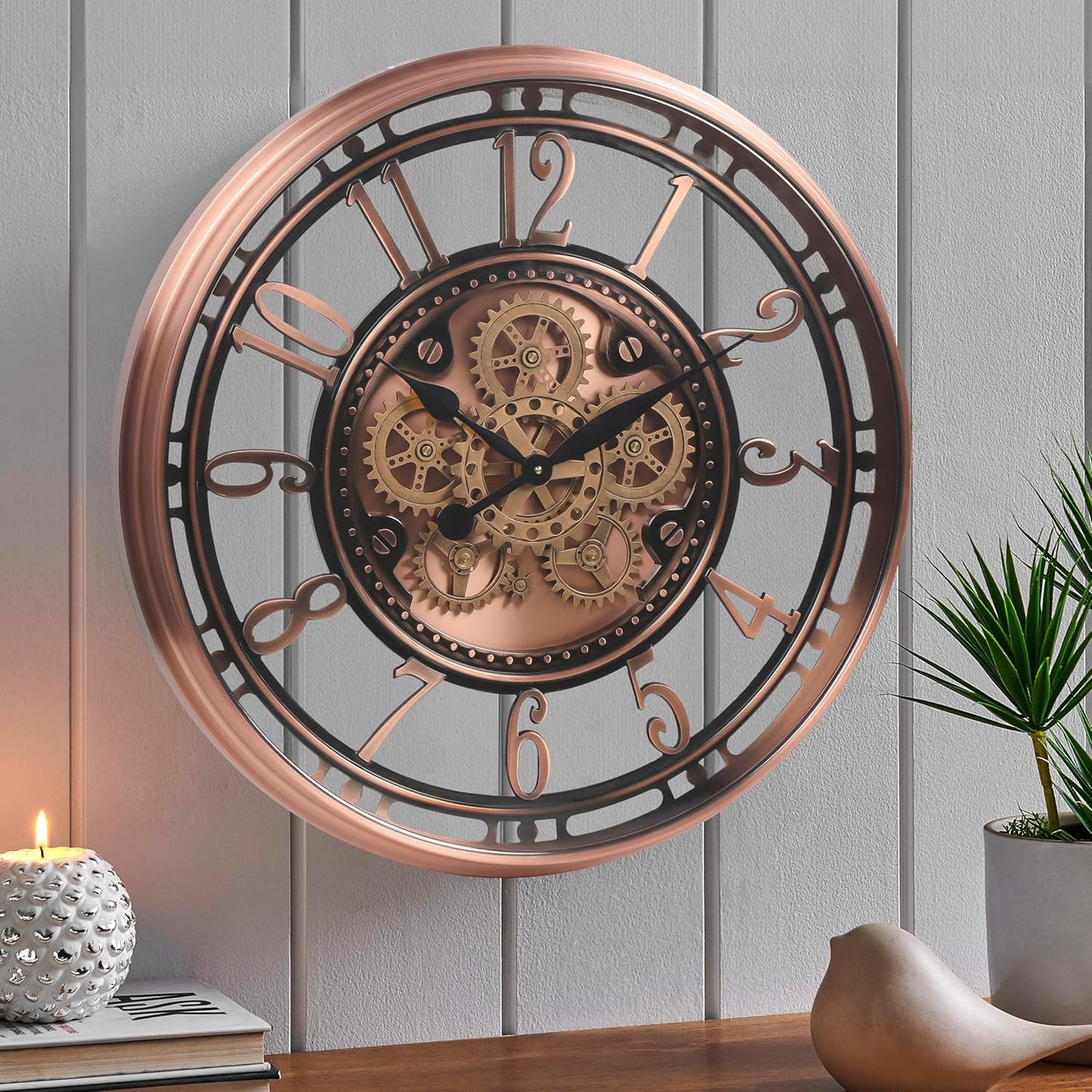 CLXEAST 28 Inch Oversized Large Moving Gear Wall Clock for Living Room Decor,Modern Farmhouse Decorative Wall Clocks Battery Operated,Rose Gold,House Warming Gifts New Home