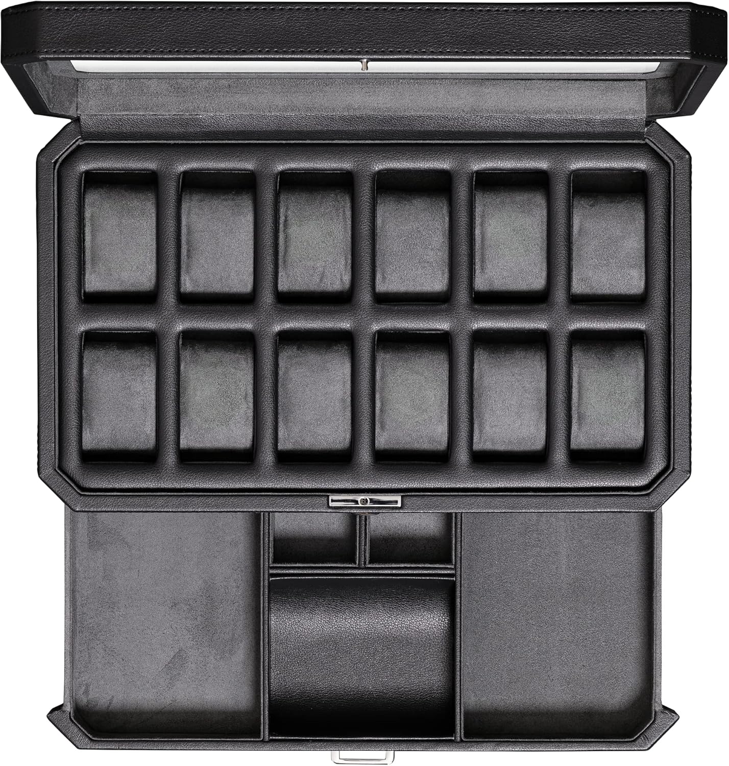 ROTHWELL Luxury Watch Box for 12 Watches – PU Leather Watch Box with Real Glass Lid – Slide out Accessory Drawer with Multiple Compartments (Carbon)