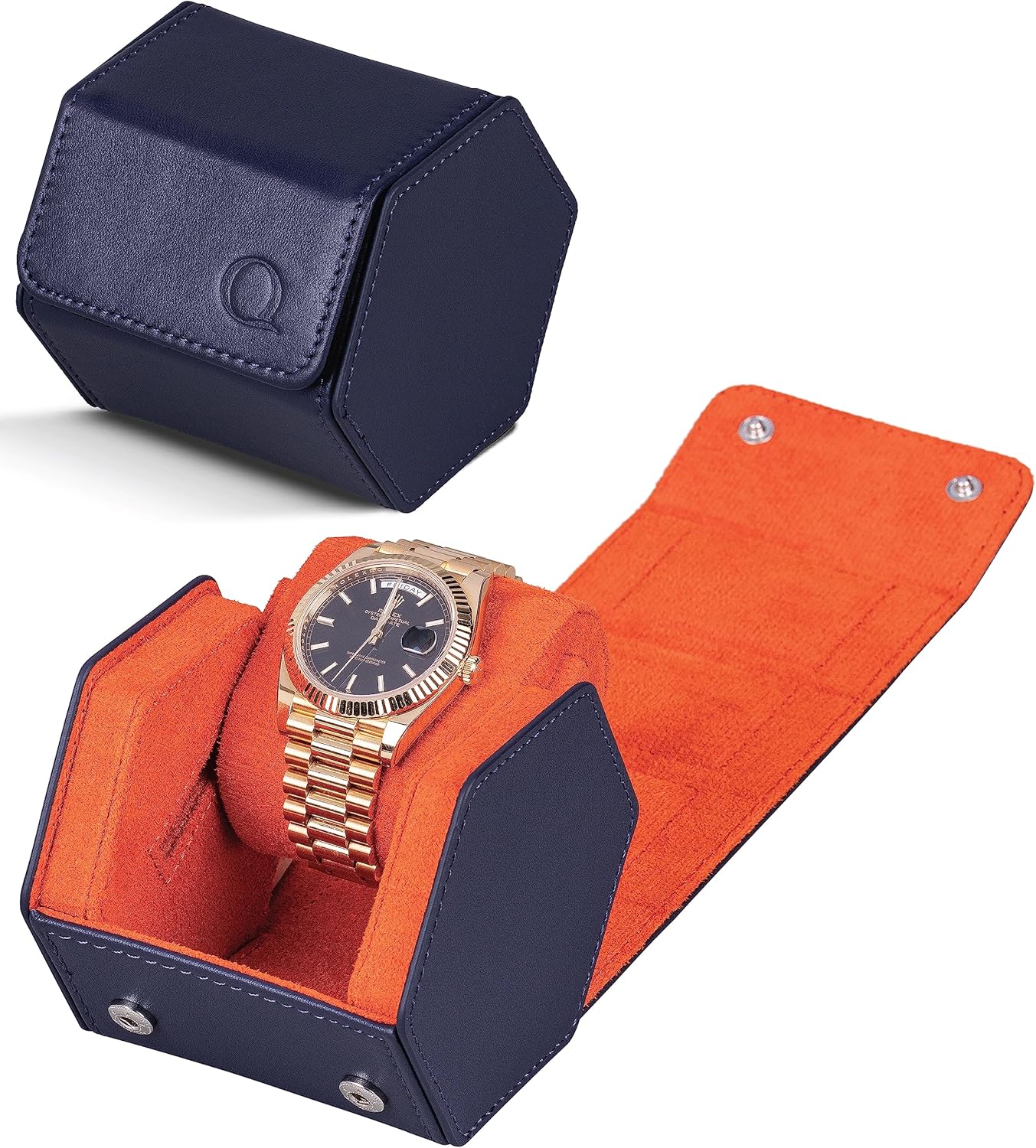 QWATCHBANDS Napa Leather Watch Case for Men - Watch Roll Storage Organizer & Watch Display - Six Slot Luxury Watch Box for Home or Travel - Mens 6 Watch Holder Case (Blue Orange)
