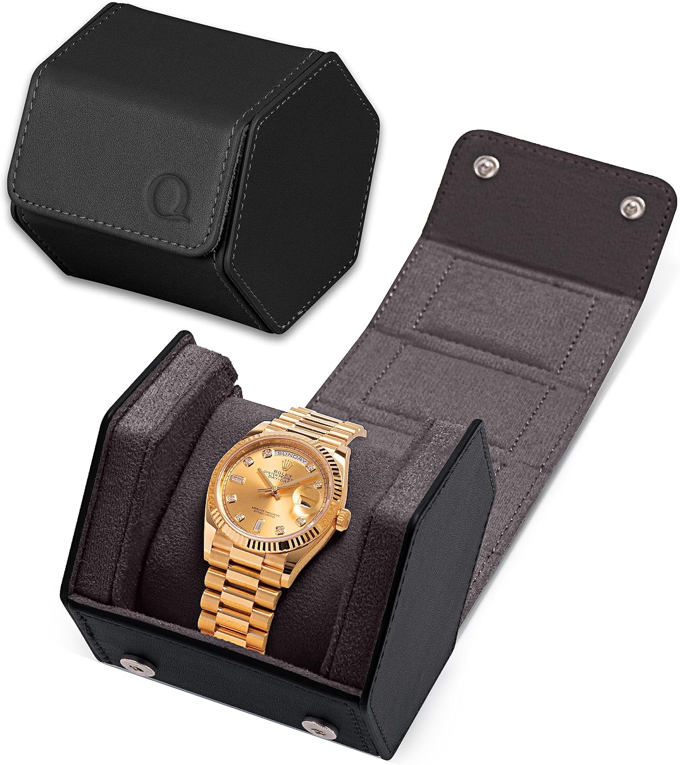 QWATCHBANDS Napa Leather Watch Case for Men - Watch Roll Storage Organizer & Watch Display - Six Slot Luxury Watch Box for Home or Travel - Mens 6 Watch Holder Case (Blue Orange)