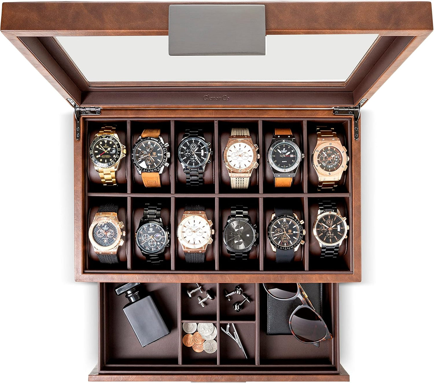 Glenor Co Watch Box with Valet Drawer for Men - 12 Slot Luxury Case Display Watch Organizer, Metal Buckle for Mens Jewelry Watches, Men's Storage Boxes Holder has Large Glass Top - PU Leather Brown