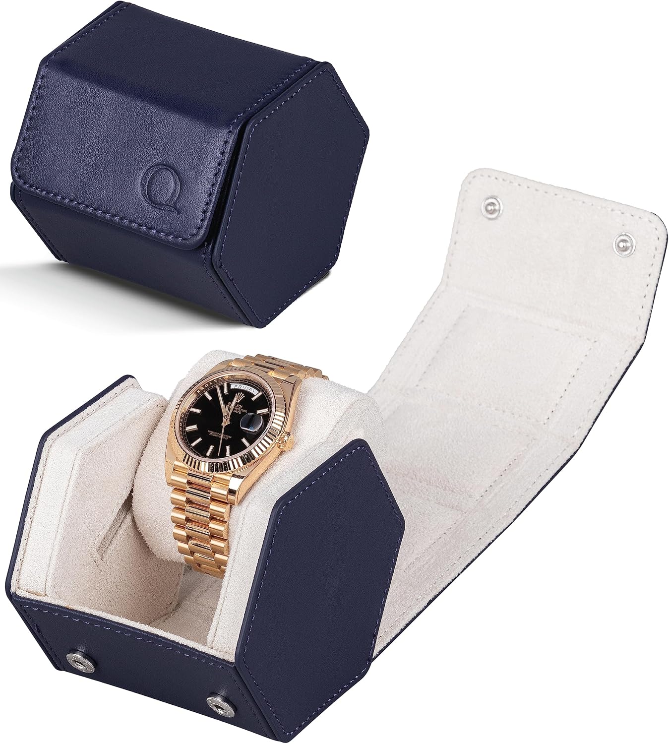 QWATCHBANDS Napa Leather Watch Case for Men - Watch Roll Storage Organizer & Watch Display - Six Slot Luxury Watch Box for Home or Travel - Mens 6 Watch Holder Case (Blue Orange)