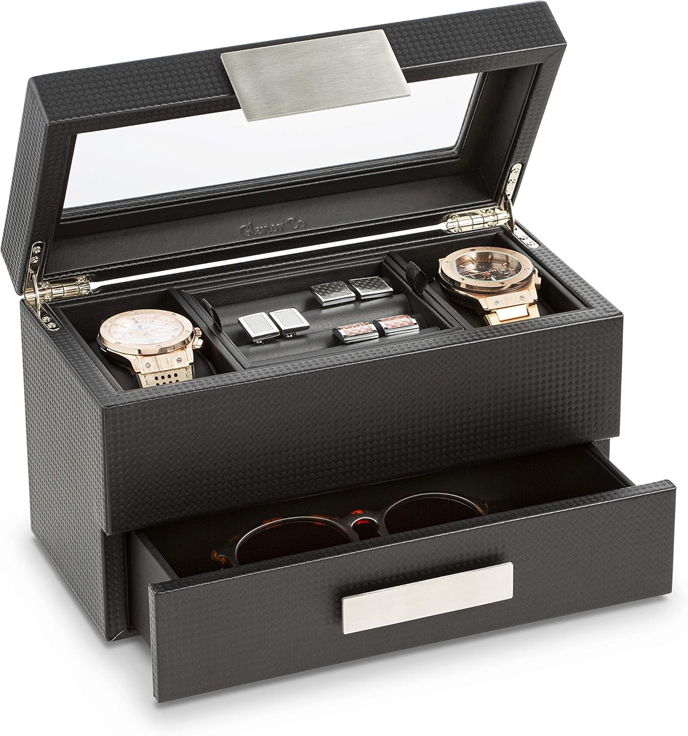 Glenor Co Watch Box with Valet Drawer for Men - 12 Slot Luxury Case Display Watch Organizer, Metal Buckle for Mens Jewelry Watches, Men's Storage Boxes Holder has Large Glass Top - PU Leather Brown