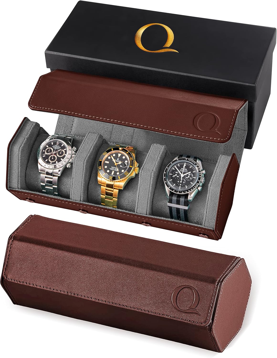 QWATCHBANDS Napa Leather Watch Case for Men - Watch Roll Storage Organizer & Watch Display - Six Slot Luxury Watch Box for Home or Travel - Mens 6 Watch Holder Case (Blue Orange)