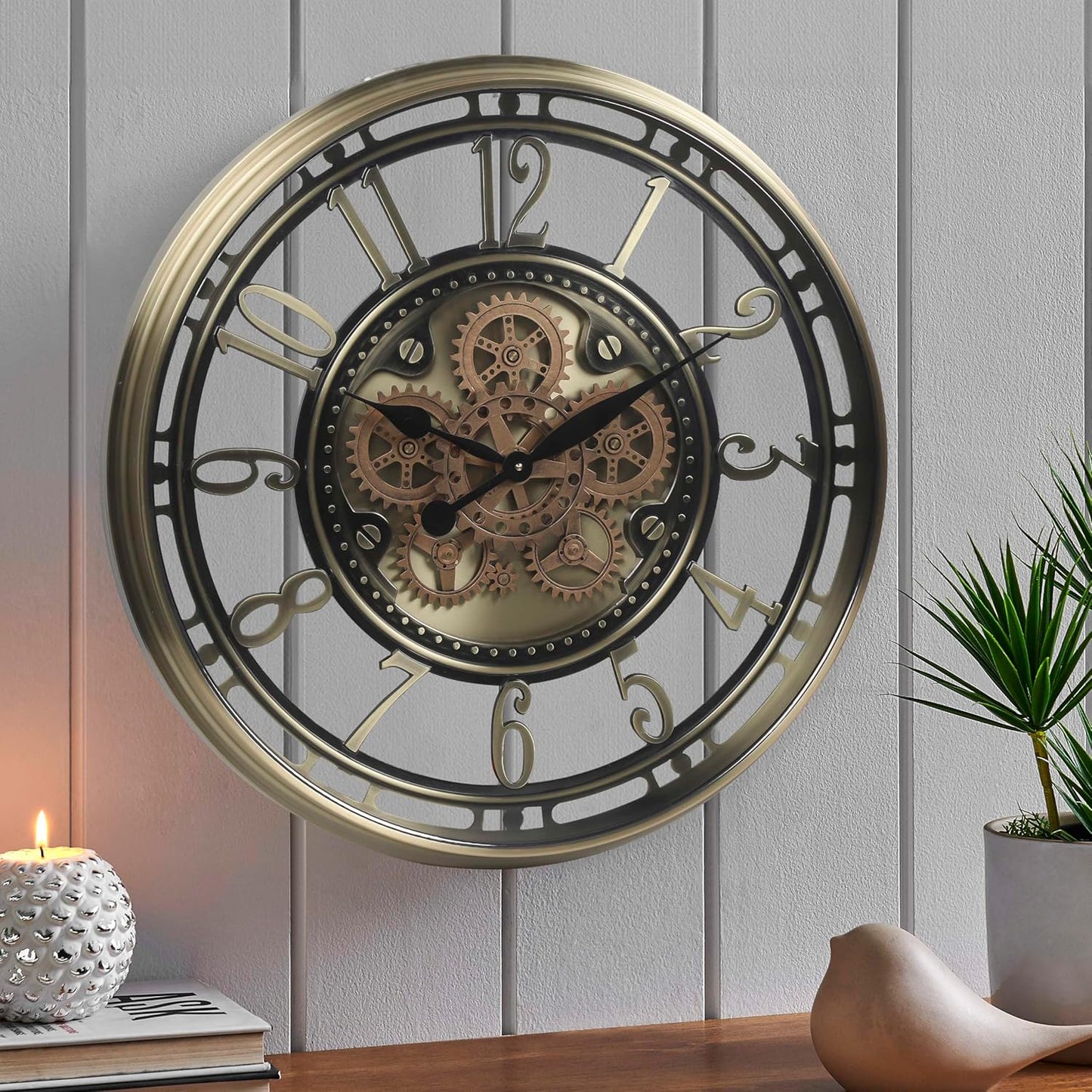 CLXEAST 28 Inch Oversized Large Moving Gear Wall Clock for Living Room Decor,Modern Farmhouse Decorative Wall Clocks Battery Operated,Rose Gold,House Warming Gifts New Home