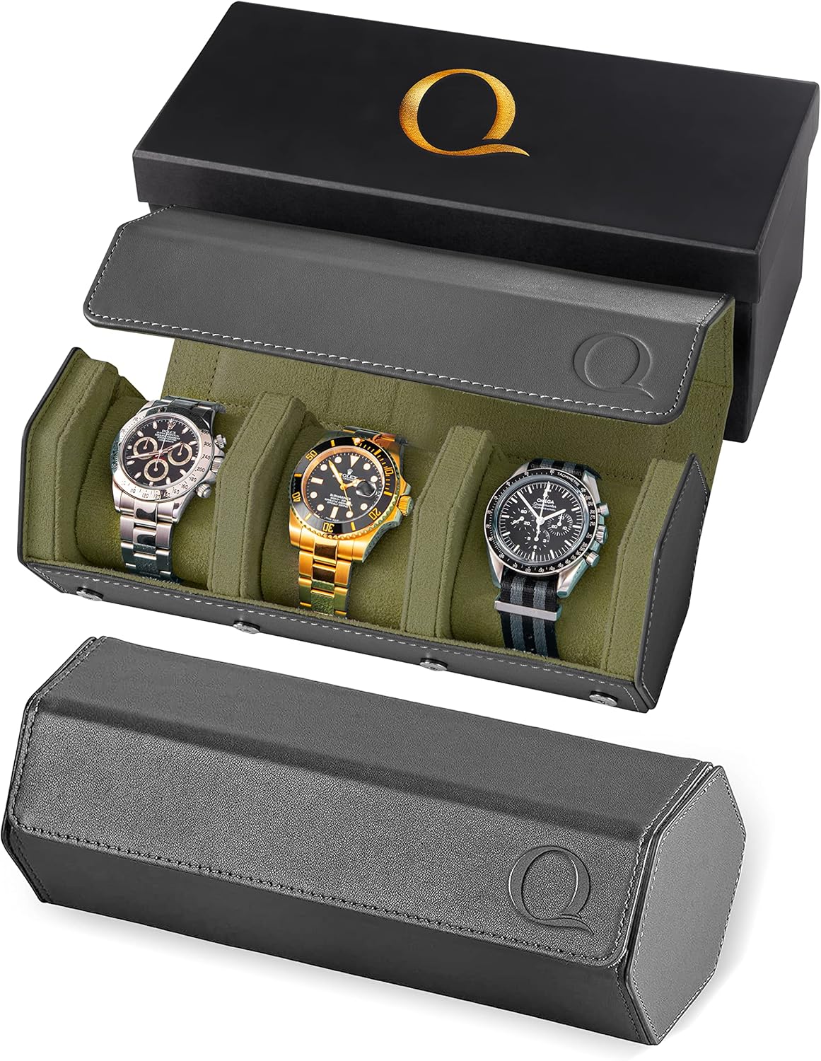 QWATCHBANDS Napa Leather Watch Case for Men - Watch Roll Storage Organizer & Watch Display - Six Slot Luxury Watch Box for Home or Travel - Mens 6 Watch Holder Case (Blue Orange)
