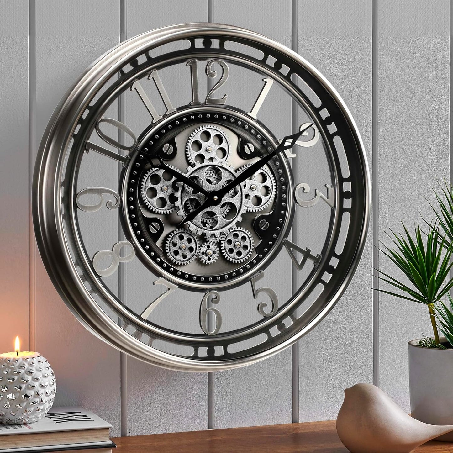 CLXEAST 28 Inch Oversized Large Moving Gear Wall Clock for Living Room Decor,Modern Farmhouse Decorative Wall Clocks Battery Operated,Rose Gold,House Warming Gifts New Home