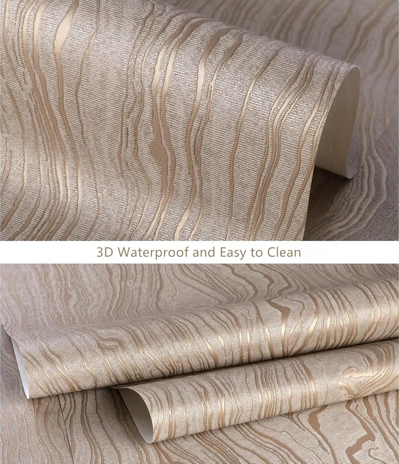 Gold Wood Peel and Stick Wallpaper Stripe Khaki Removable Wallpaper Self Adhesive 3D Contact Paper Wallpaper Vinyl Modern Wallpaper for Bathroom Bedroom 118"x20.8"