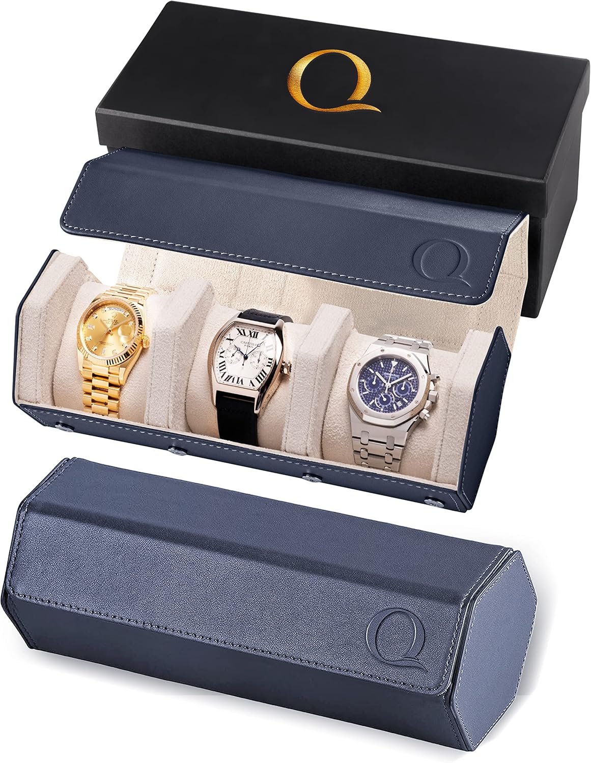 QWATCHBANDS Napa Leather Watch Case for Men - Watch Roll Storage Organizer & Watch Display - Six Slot Luxury Watch Box for Home or Travel - Mens 6 Watch Holder Case (Blue Orange)