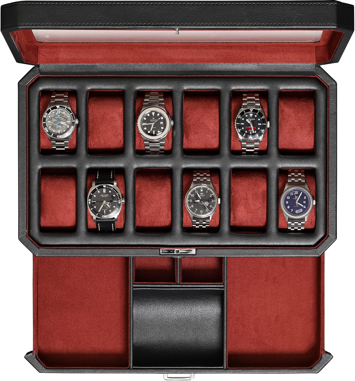ROTHWELL Luxury Watch Box for 12 Watches – PU Leather Watch Box with Real Glass Lid – Slide out Accessory Drawer with Multiple Compartments (Carbon)