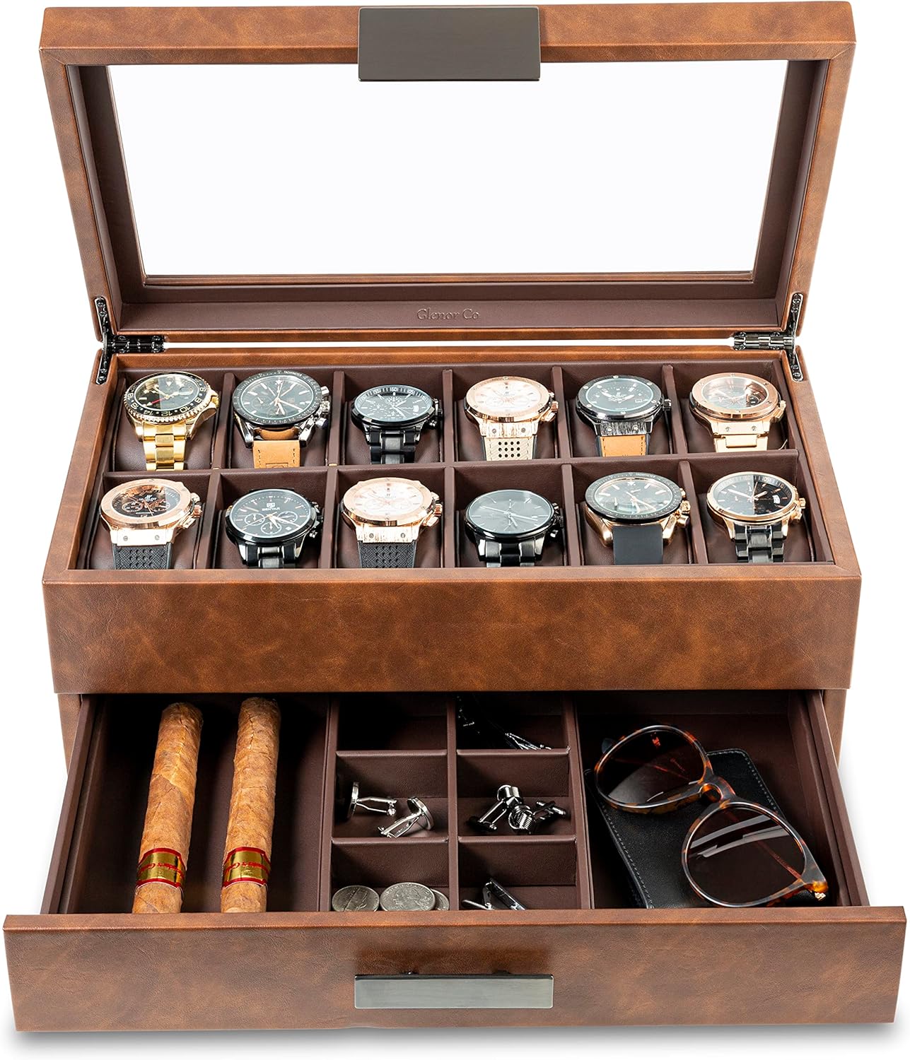 Glenor Co Watch Box with Valet Drawer for Men - 12 Slot Luxury Case Display Watch Organizer, Metal Buckle for Mens Jewelry Watches, Men's Storage Boxes Holder has Large Glass Top - PU Leather Brown