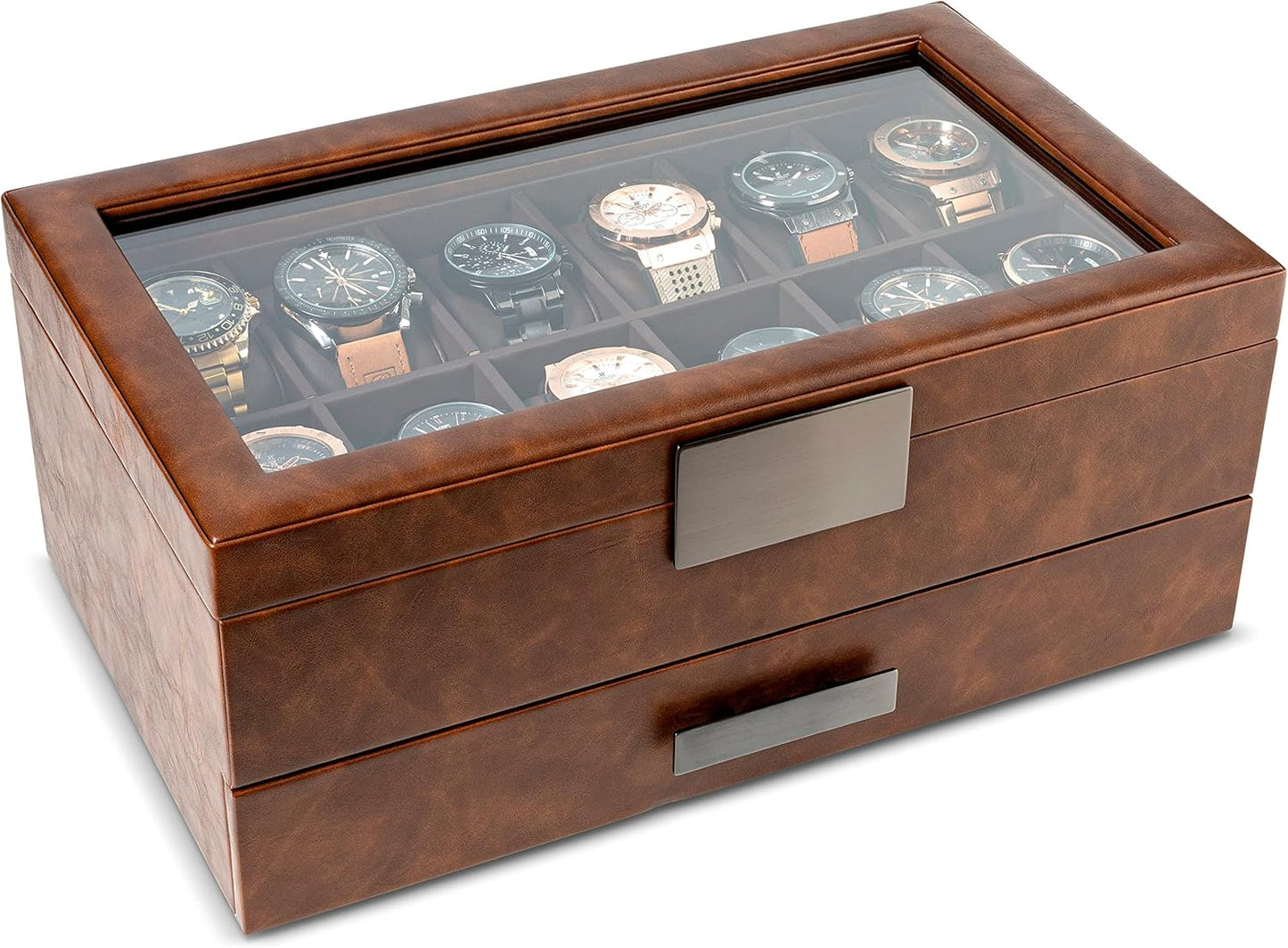Glenor Co Watch Box with Valet Drawer for Men - 12 Slot Luxury Case Display Watch Organizer, Metal Buckle for Mens Jewelry Watches, Men's Storage Boxes Holder has Large Glass Top - PU Leather Brown