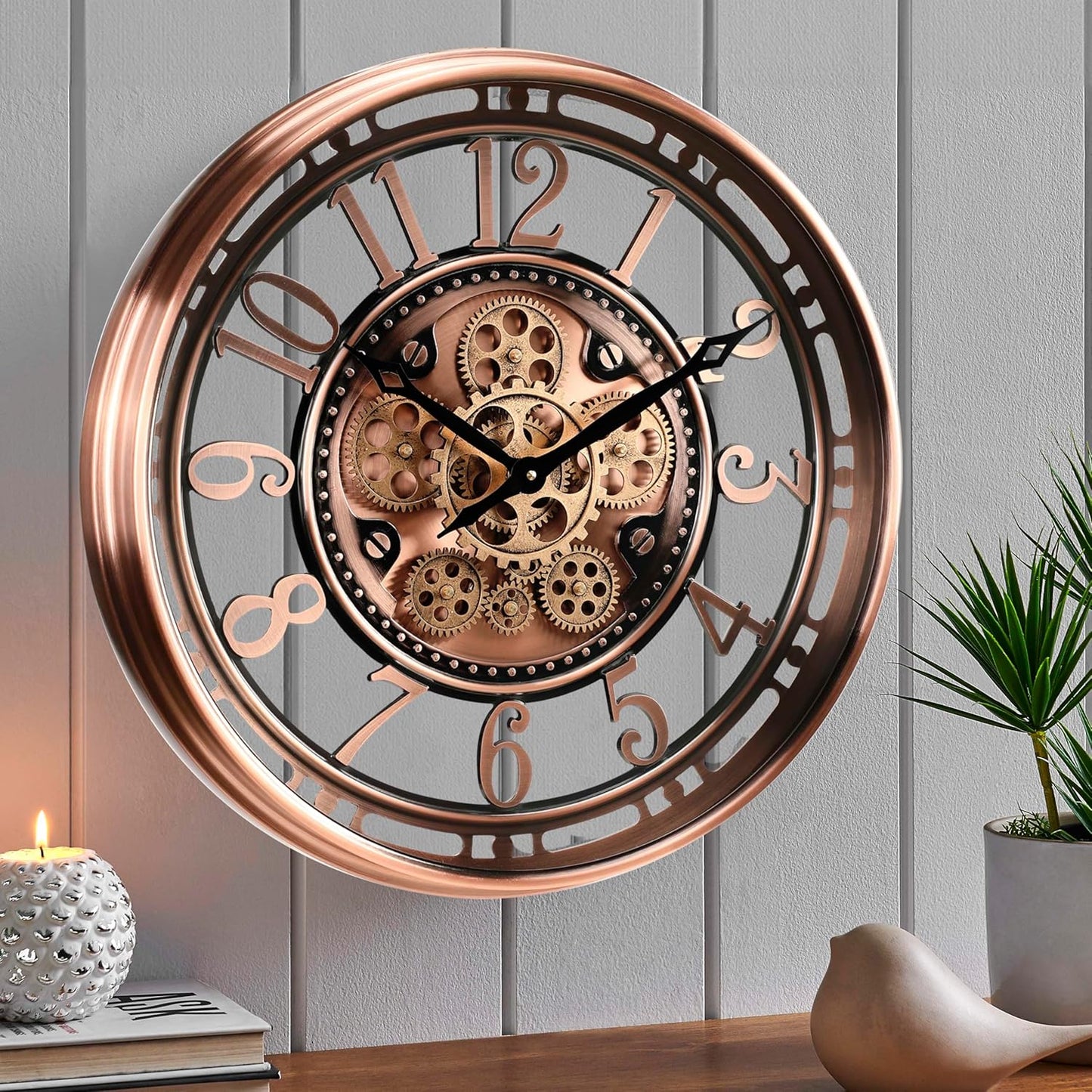 CLXEAST 28 Inch Oversized Large Moving Gear Wall Clock for Living Room Decor,Modern Farmhouse Decorative Wall Clocks Battery Operated,Rose Gold,House Warming Gifts New Home