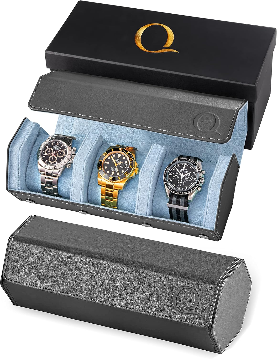 QWATCHBANDS Napa Leather Watch Case for Men - Watch Roll Storage Organizer & Watch Display - Six Slot Luxury Watch Box for Home or Travel - Mens 6 Watch Holder Case (Blue Orange)
