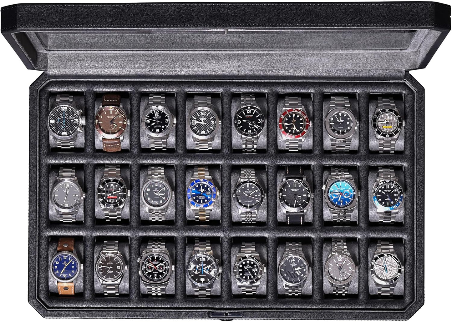 ROTHWELL 24 Slot Watch Case with Lock – Luxury Watch Box to Display and Organize Your Collection | Real Glass Top | Premium Storage for Collectors (Tan/Brown)