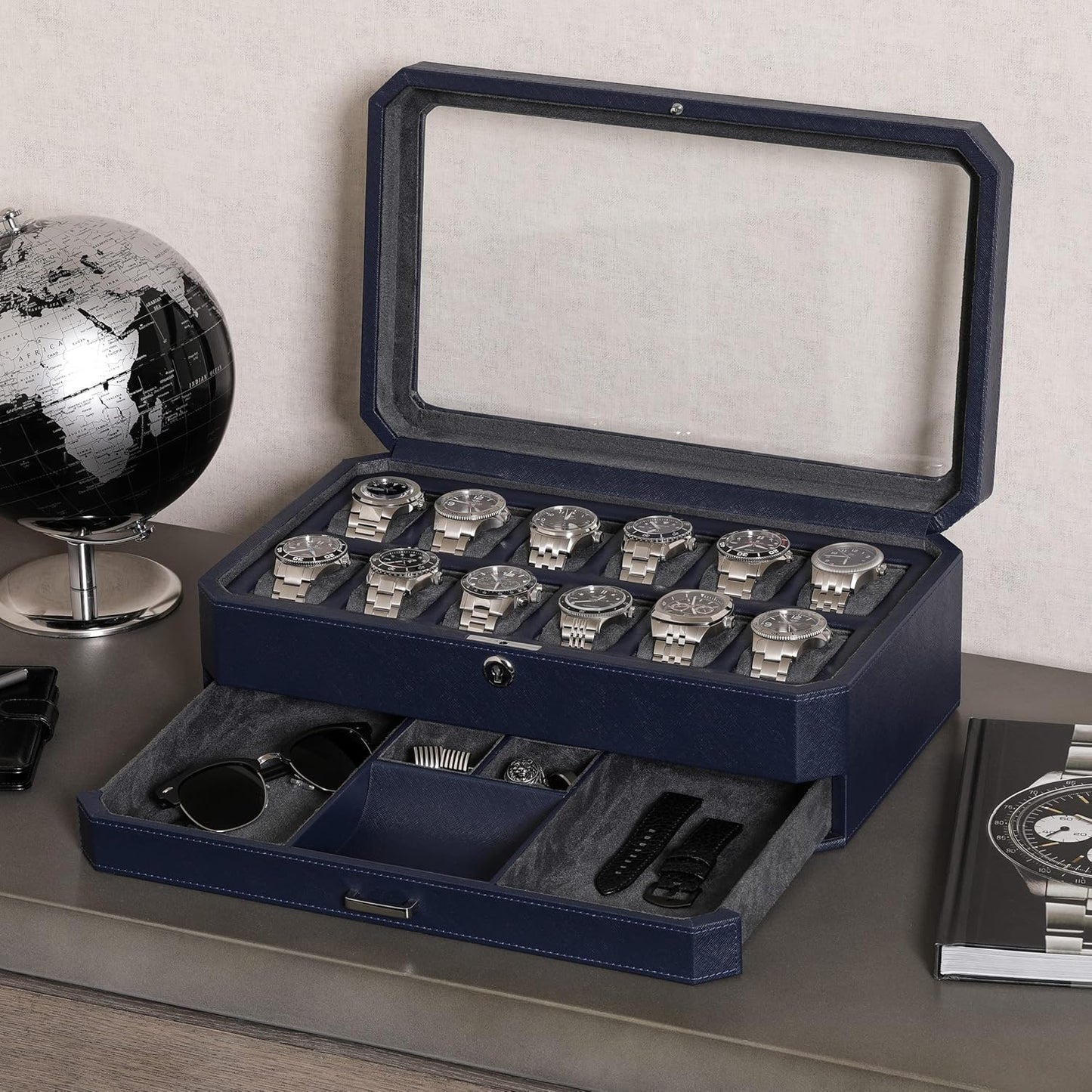 ROTHWELL Luxury Watch Box for 12 Watches – PU Leather Watch Box with Real Glass Lid – Slide out Accessory Drawer with Multiple Compartments (Carbon)