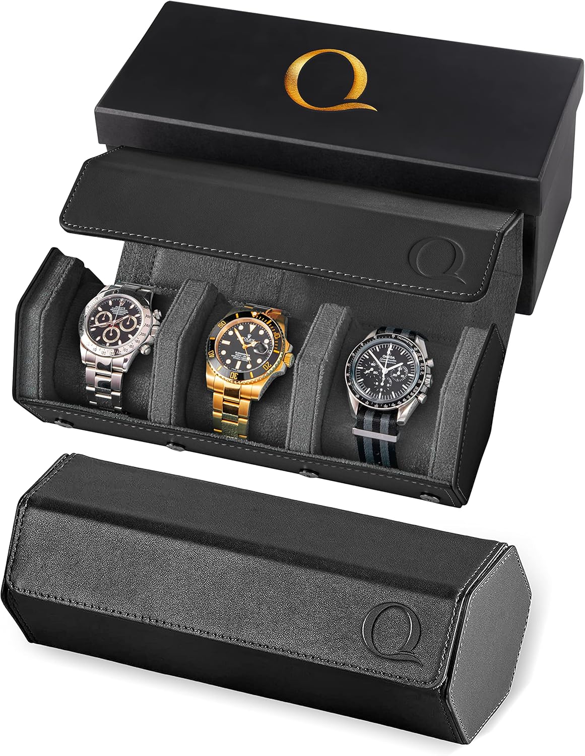 QWATCHBANDS Napa Leather Watch Case for Men - Watch Roll Storage Organizer & Watch Display - Six Slot Luxury Watch Box for Home or Travel - Mens 6 Watch Holder Case (Blue Orange)