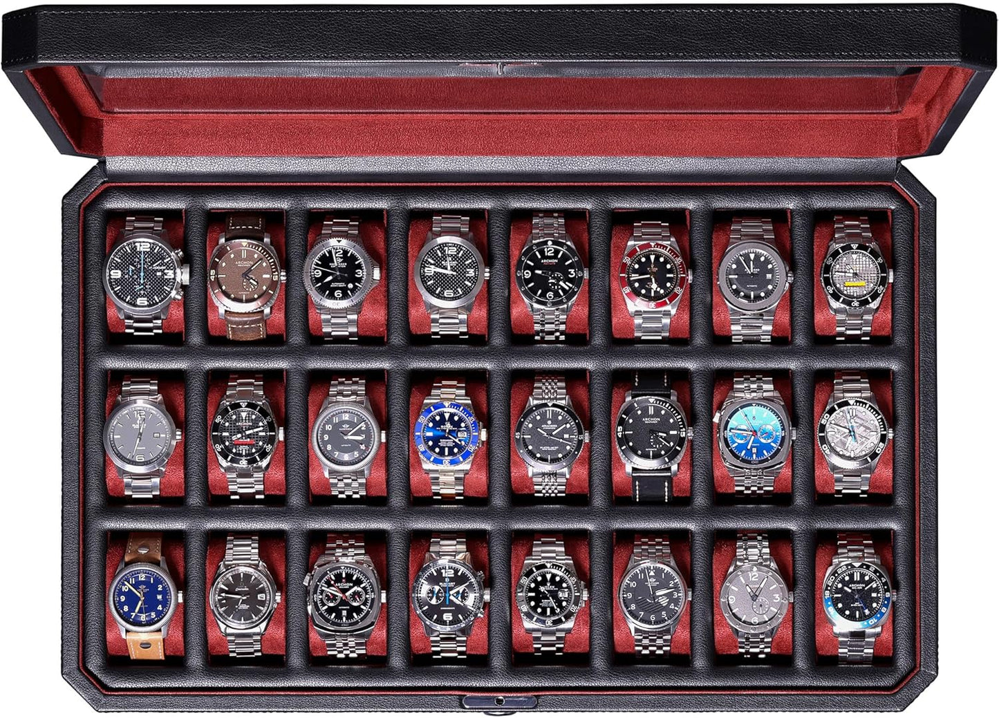 ROTHWELL 24 Slot Watch Case with Lock – Luxury Watch Box to Display and Organize Your Collection | Real Glass Top | Premium Storage for Collectors (Tan/Brown)