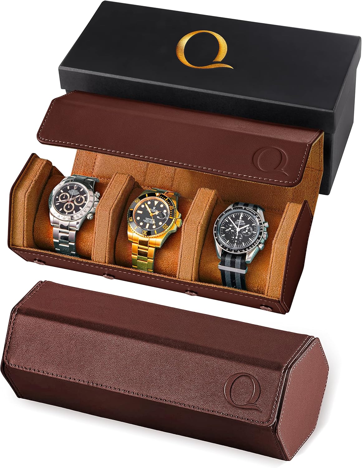 QWATCHBANDS Napa Leather Watch Case for Men - Watch Roll Storage Organizer & Watch Display - Six Slot Luxury Watch Box for Home or Travel - Mens 6 Watch Holder Case (Blue Orange)