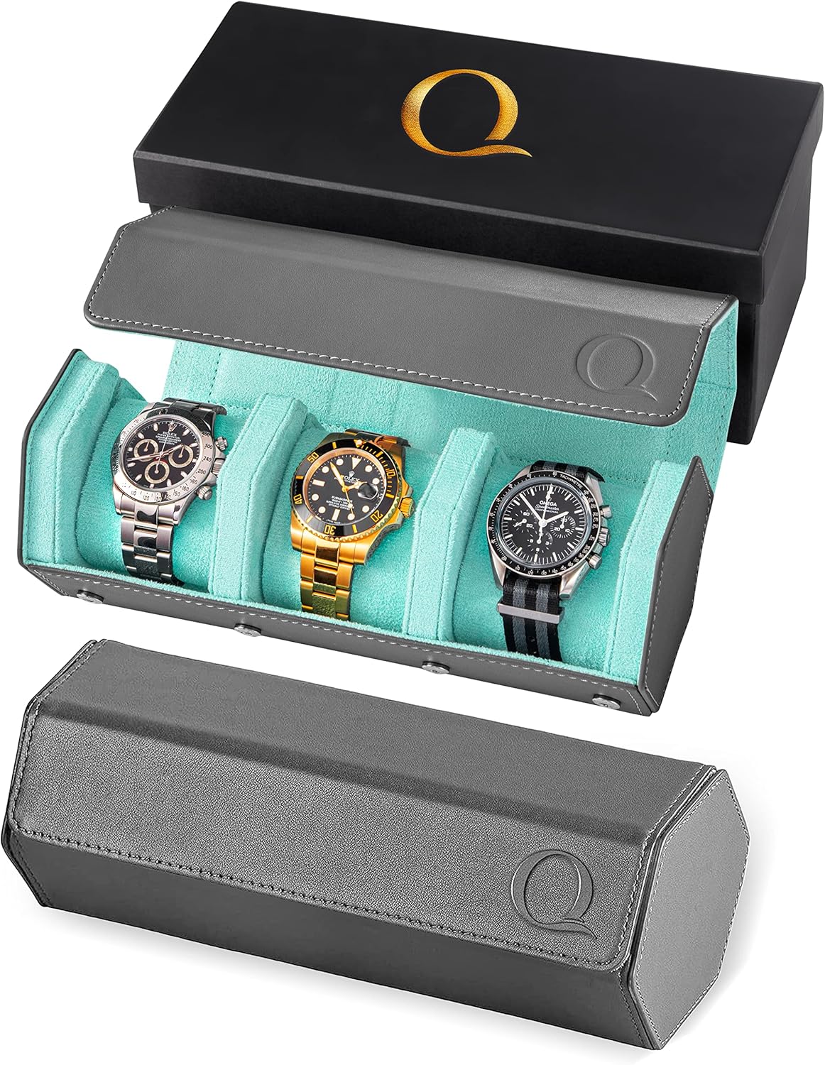 QWATCHBANDS Napa Leather Watch Case for Men - Watch Roll Storage Organizer & Watch Display - Six Slot Luxury Watch Box for Home or Travel - Mens 6 Watch Holder Case (Blue Orange)