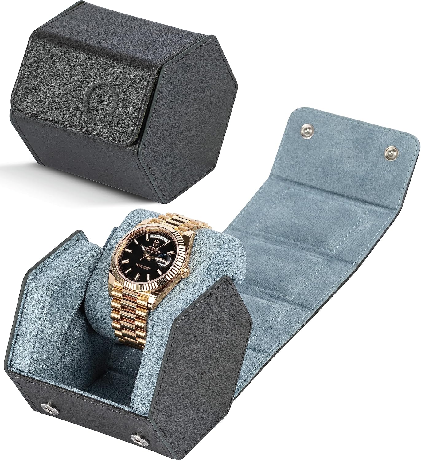 QWATCHBANDS Napa Leather Watch Case for Men - Watch Roll Storage Organizer & Watch Display - Six Slot Luxury Watch Box for Home or Travel - Mens 6 Watch Holder Case (Blue Orange)