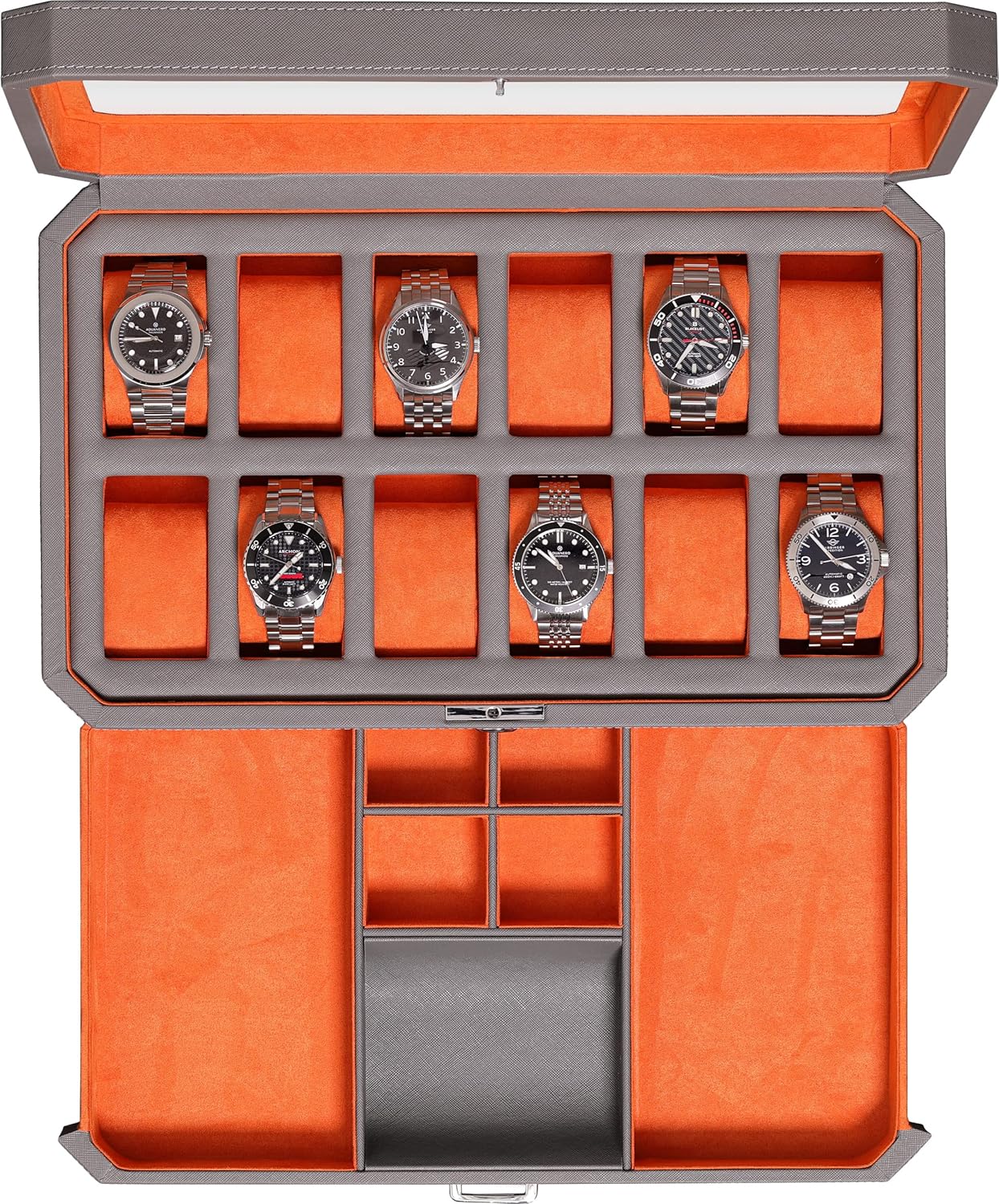 ROTHWELL Luxury Watch Box for 12 Watches – PU Leather Watch Box with Real Glass Lid – Slide out Accessory Drawer with Multiple Compartments (Carbon)