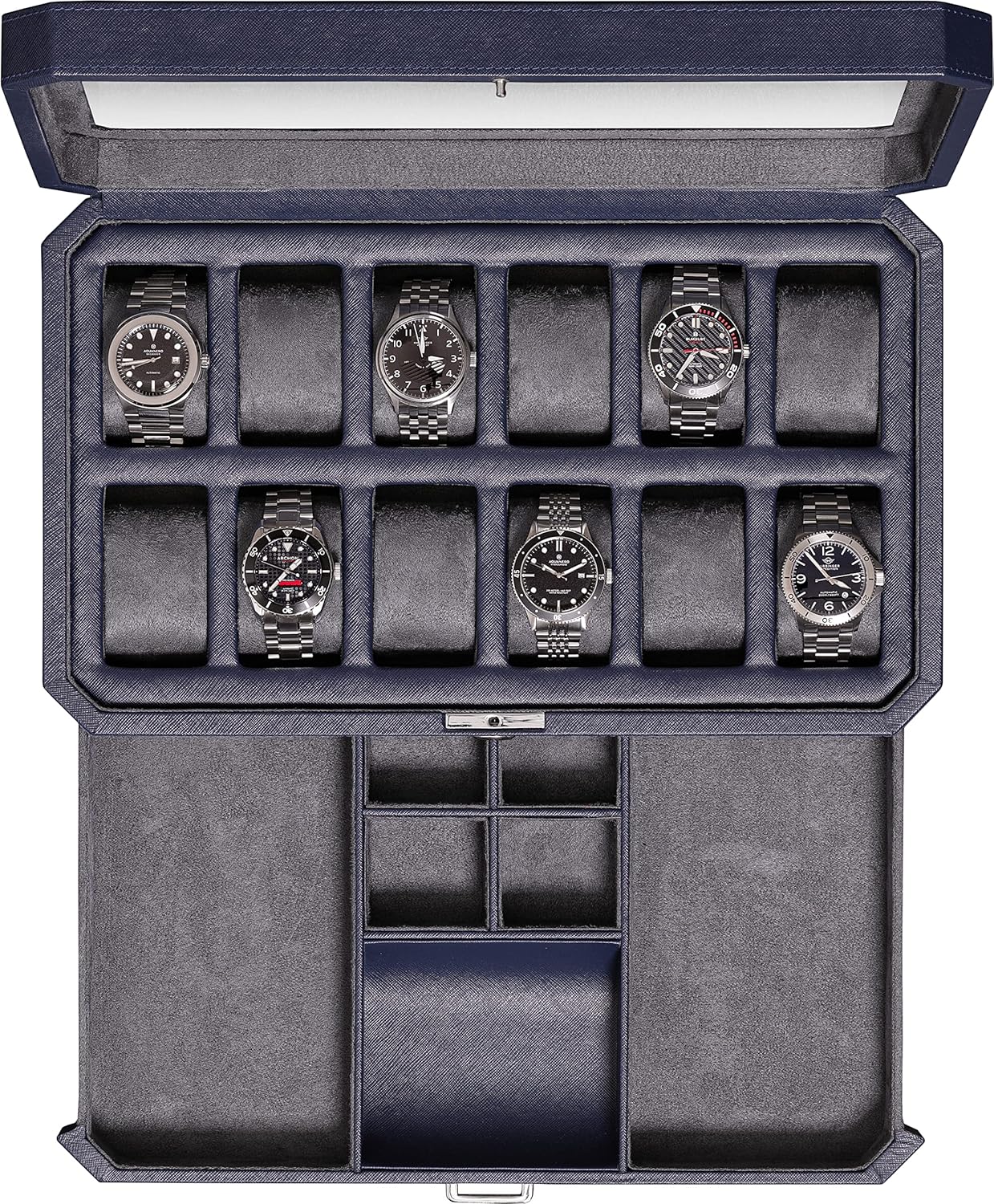 ROTHWELL Luxury Watch Box for 12 Watches – PU Leather Watch Box with Real Glass Lid – Slide out Accessory Drawer with Multiple Compartments (Carbon)