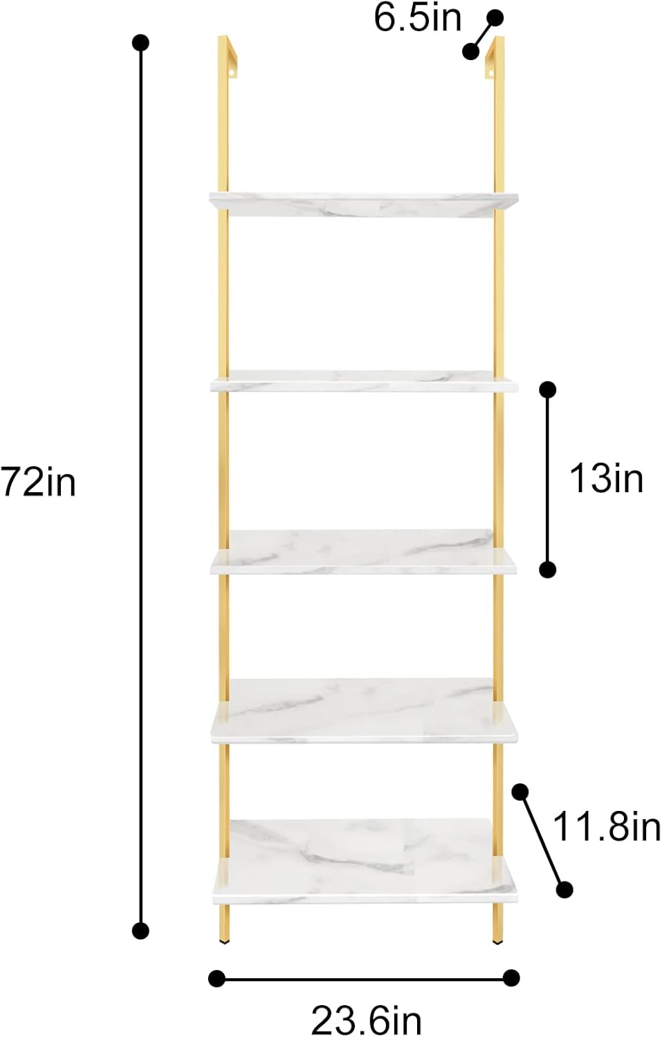 aboxoo Ladder Shelf 2PCS White Marble Bookshelf 5-Tier Wall-Mounted Wood Rack Open Industrial Modern Plant Flower Stand Utility Organizer Bookcase Metal Frame Furniture Office Kitchen Bedroom