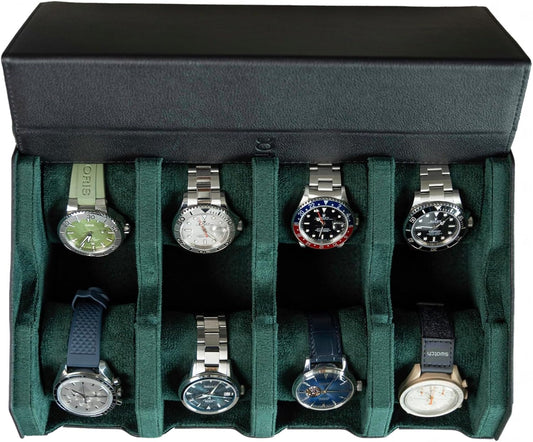 DailyWatch | Watch Box For 8 Watches | Genuine Black Leather Watch Roll Case With Soft Velvet Interior | Travel Watch Case - Protect & Display Your Watches | Watch Storage Travel Case in Black Green