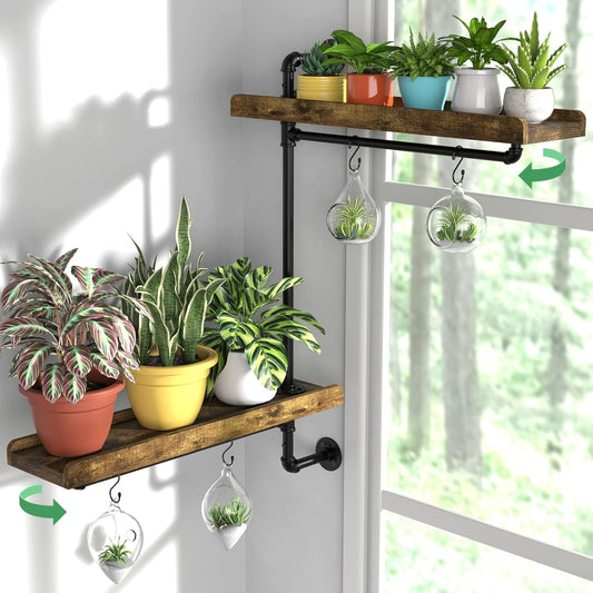 GDLF Window Plant Shelves Industrial Pipe Swivel Shelving Floating Shelves With More Space For Large Plants(Pots up to 8''), Black, Brown