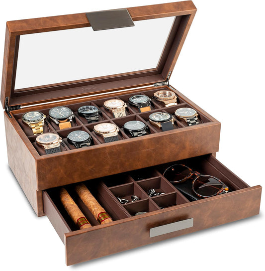 Glenor Co Watch Box with Valet Drawer for Men - 12 Slot Luxury Case Display Watch Organizer, Metal Buckle for Mens Jewelry Watches, Men's Storage Boxes Holder has Large Glass Top - PU Leather Brown