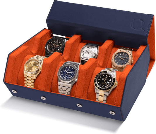 QWATCHBANDS Napa Leather Watch Case for Men - Watch Roll Storage Organizer & Watch Display - Six Slot Luxury Watch Box for Home or Travel - Mens 6 Watch Holder Case (Blue Orange)