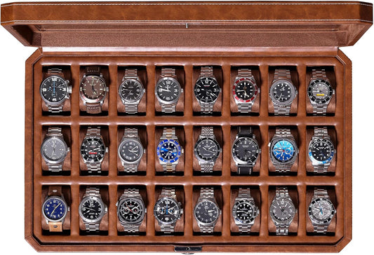 ROTHWELL 24 Slot Watch Case with Lock – Luxury Watch Box to Display and Organize Your Collection | Real Glass Top | Premium Storage for Collectors (Tan/Brown)